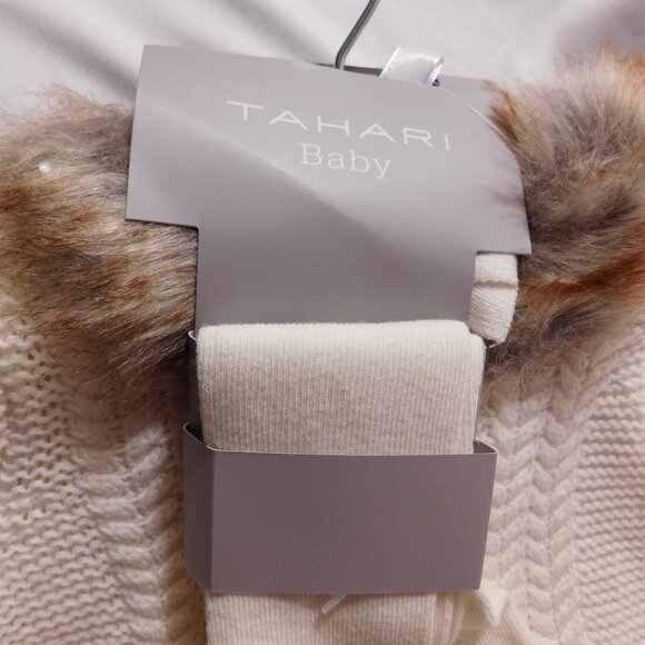 Tahari Baby 3 Piece Set Faux Fur Sweater Dress, Tights, Hat Size 6-9 White NEW - Picture 2 of 7